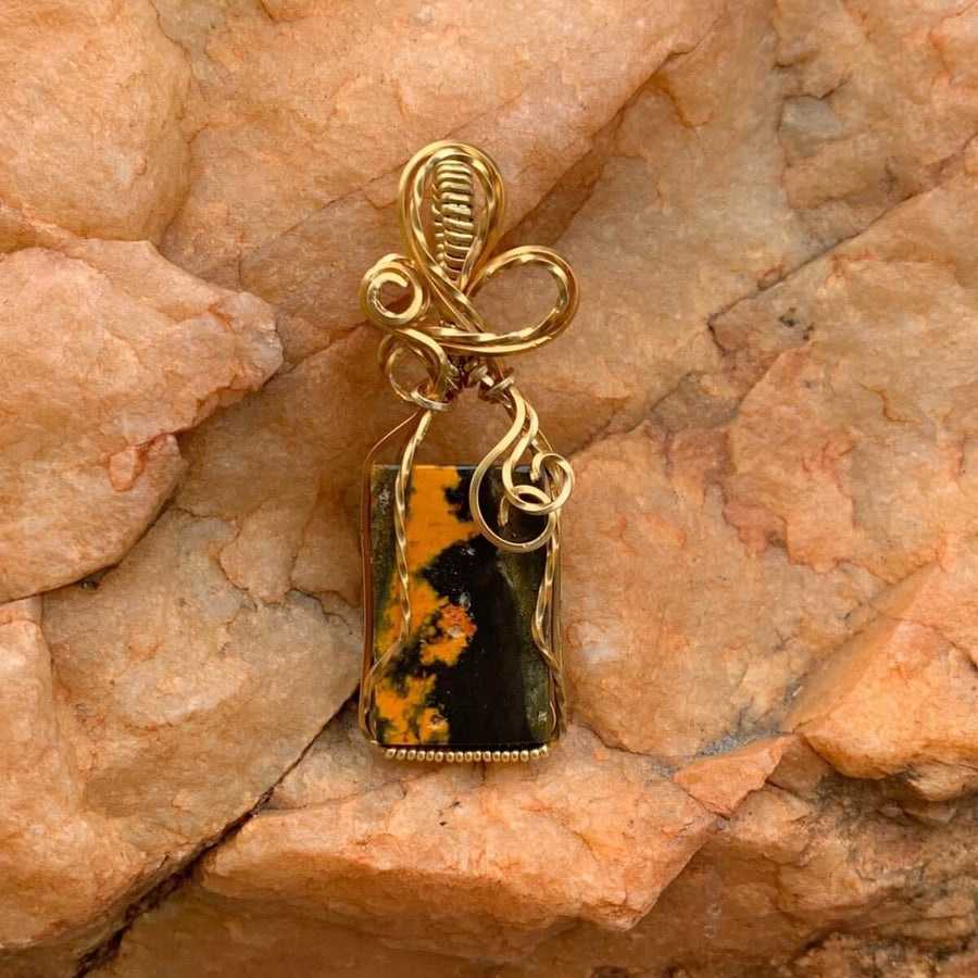 Pendant made of Bumble Bee Jasper Rectangle Stone with Gold Wire Wrap; .75" w x 2" long incl bail