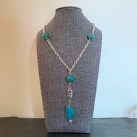 A necklace made of Aqua Fire Agates w/ silver chain & Fire Agate Pendant