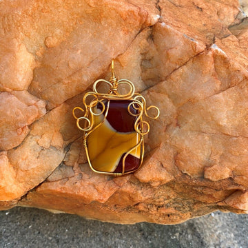 Pendant made of Mookaite rectangle stone w/ gold wrap; 1.75" x 2.38" incl bail-Maroon & Gold