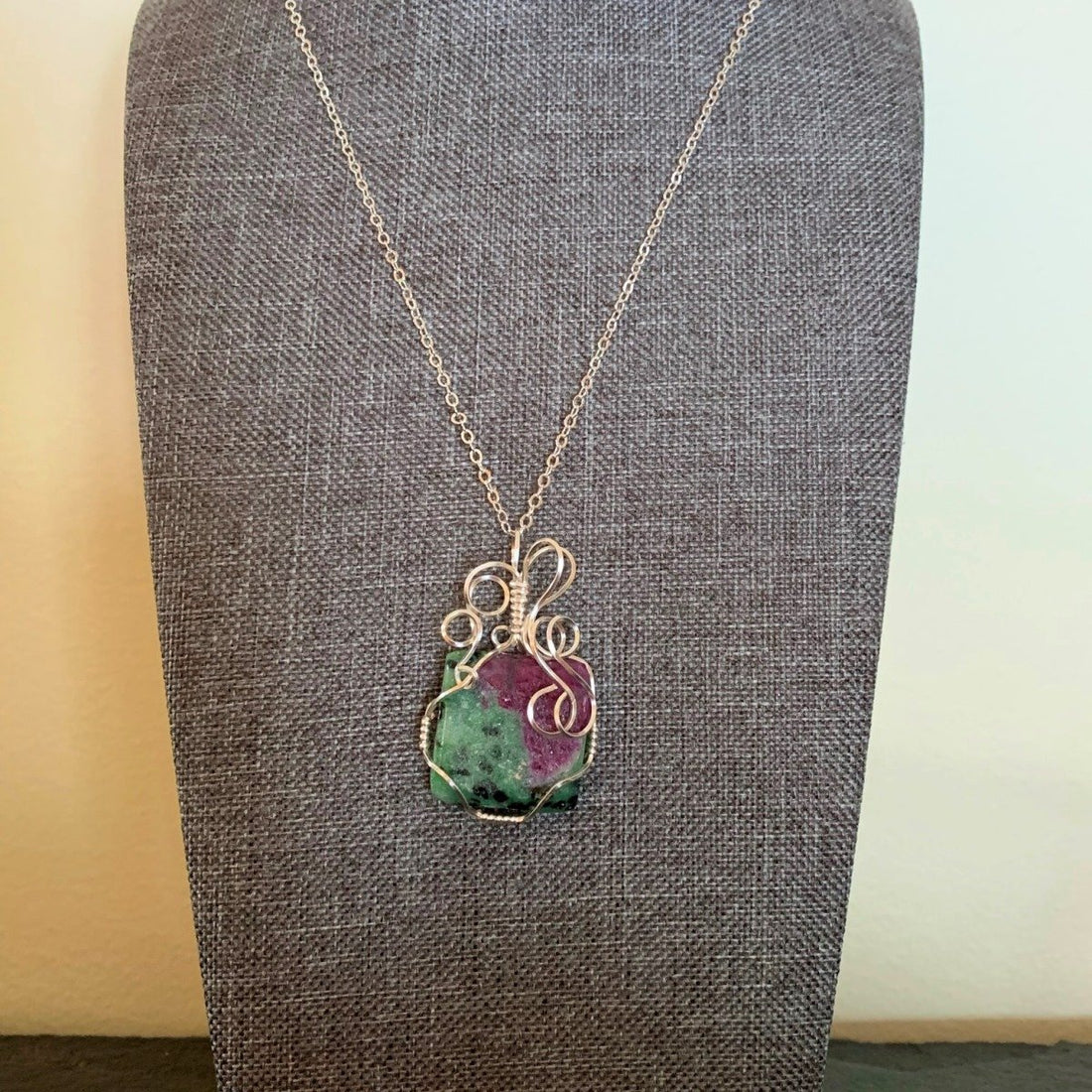 Pendant made of Green & Purple Square Ruby Fuchsite w/ silver wrap; 1" x 1.7" incl bail