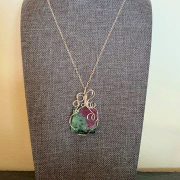 Pendant made of Green & Purple Square Ruby Fuchsite w/ silver wrap; 1" x 1.7" incl bail