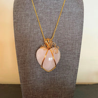 Pendant made of Large Rose Quartz Heart w/gold wrap; 2.5" incl bail