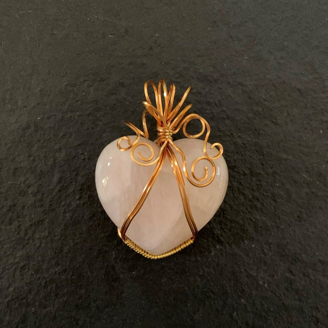 Pendant made of Large Rose Quartz Heart w/gold wrap; 2.5" incl bail