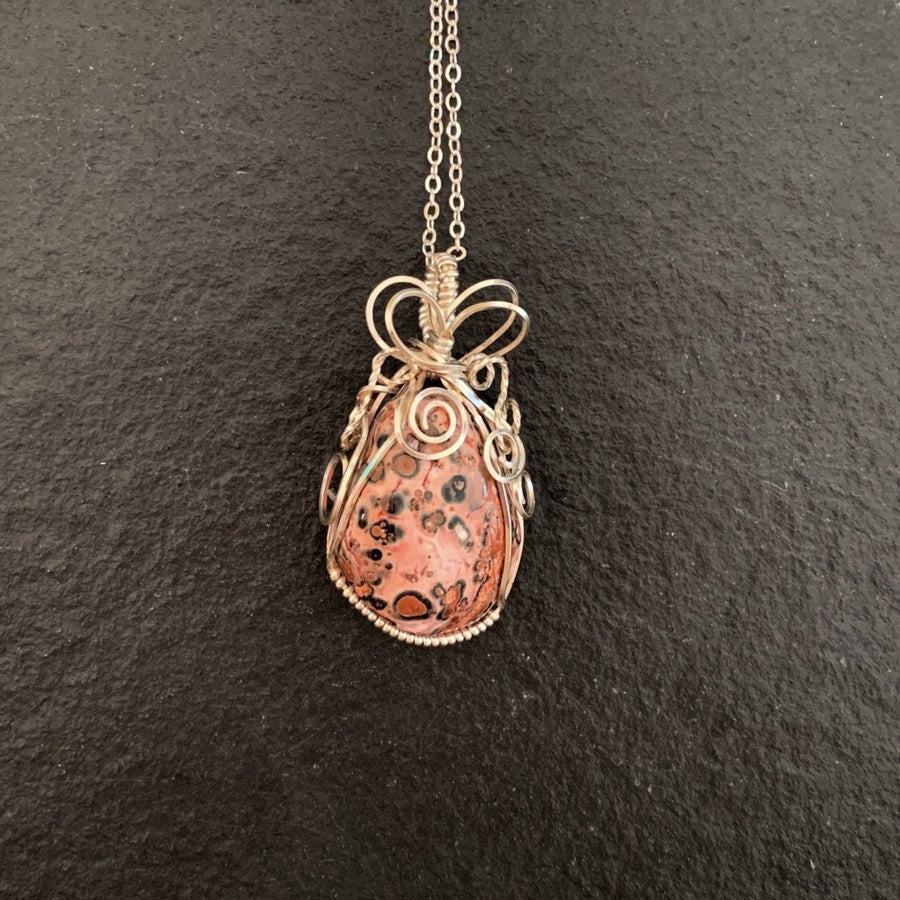 Pendant made of Leopard Skin Jasper nugget with silver wrap; 1" w x 2" H incl bail