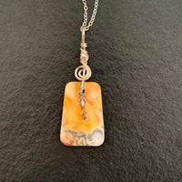 Pendant made of Picture Jasper, yellow & grey rectangle with silver wrap & crystal dangle; 1" w x 2.75" h, incl bail