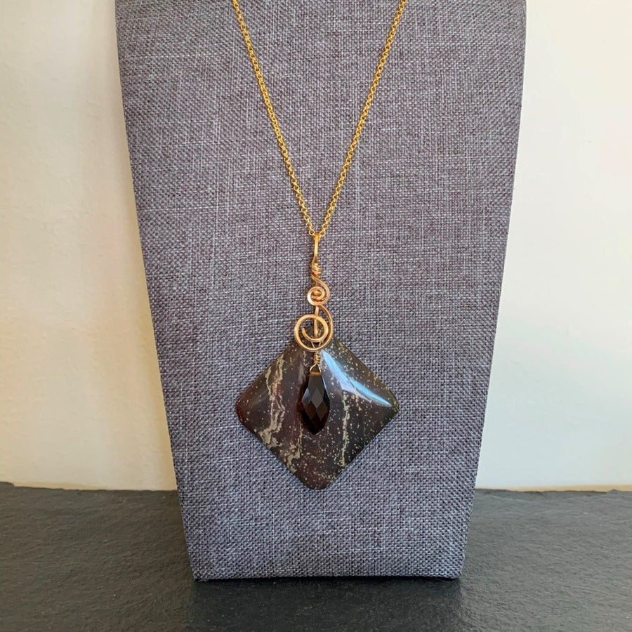 Pendant made of Brown & cream striped jasper diamond stone with crystal dangle; 2" w x 3.25" h, incl bail