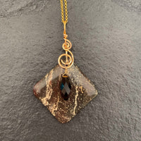 Pendant made of Brown & cream striped jasper diamond stone with crystal dangle; 2" w x 3.25" h, incl bail