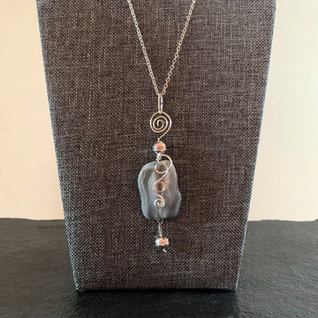 Pendant made of Grey botswana Agate nugget with silver wrap; 1" w x 3.5" h incl bail