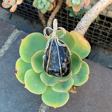 Pendant made of Large Indigo Gabbro stone with silver wrap; 1.25" w x 2.25" h, incl bail