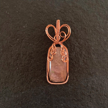 Pendant made of Muscovite Rectangle stone with copper wrap; .75" w x 2.25" h, incl bail