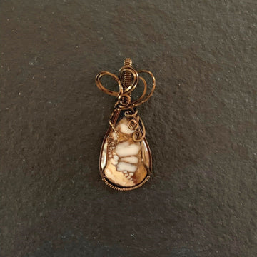 Pendant made of Wild Horse Jasper teardrop stone with Vintage Bronze wrap; 7/8" w x 2 1/8" h, incl bail