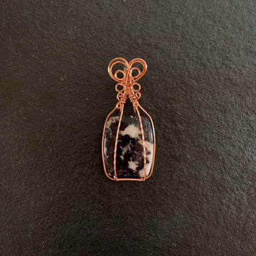 Pendant made of Large Lepidolite Rectangle with Copper wire wrap; 1 1/8" w x 2.5" l, incl bail