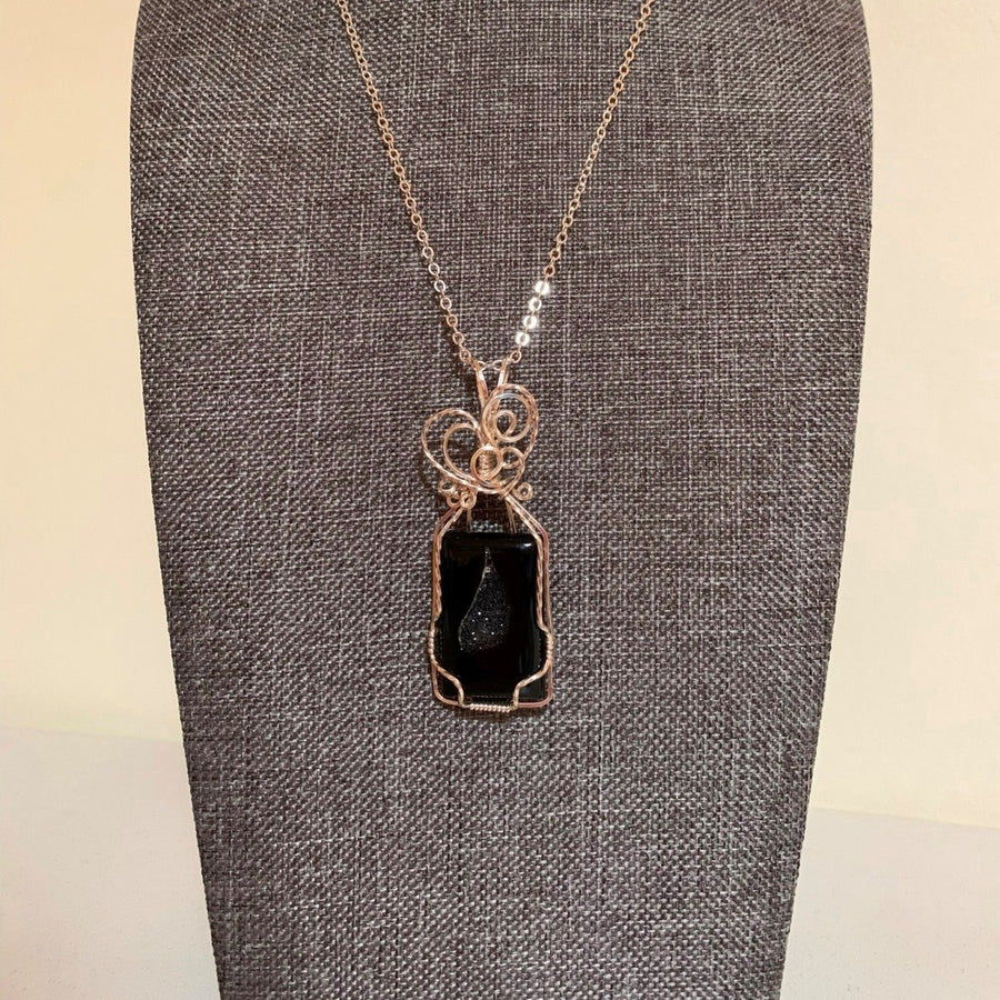 Pendant made of Black Onyx Druzy Rectangle with silver wire wrap; 7/8" w x 2 3/8" long, incl bail