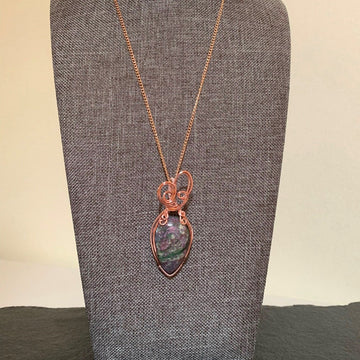 Pendant made of Ruby Fuchsite Teardrop stone with Rose Gold Wrap; 1" w x 2.25" long, incl bail