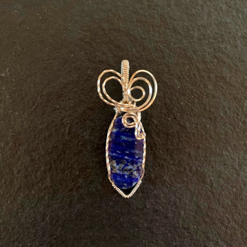 Pendant made of Lapis Lazuli Oval Pendant with silver wire wrap; 7/8" x 2 1/8" long, incl bail