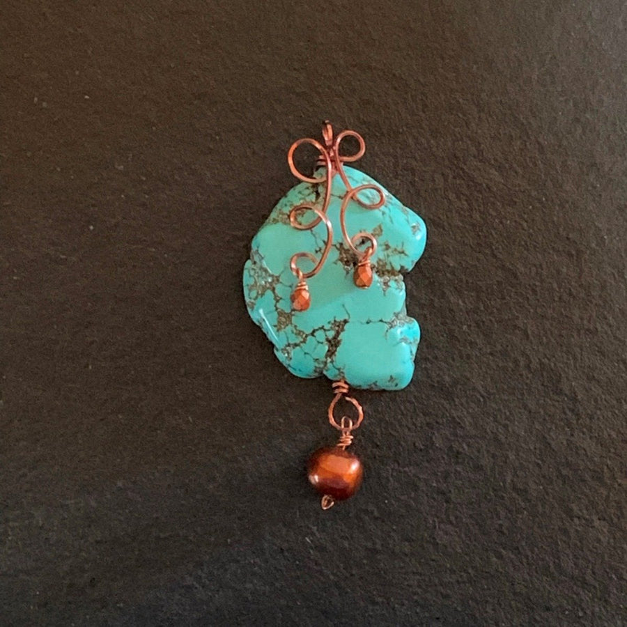 Pendant made of Turquoise Slab Nugget Pendant with Antique Copper Wrap; 1 3/8' w x 3' long incl bail