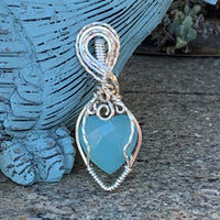 Rose Cut Aqua Chalcedony Mini Heart stone with silver wrap; .75" wide x 1.75" long, incl bail