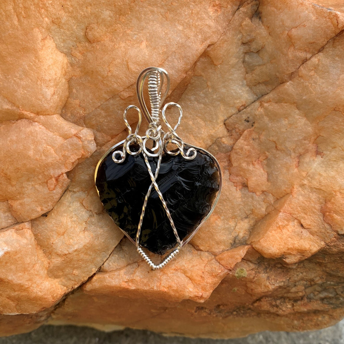 Black Obsidian Heart, rough cut stone, with silver wire wrap; 1.5" w x 2 3/8" long incl bail