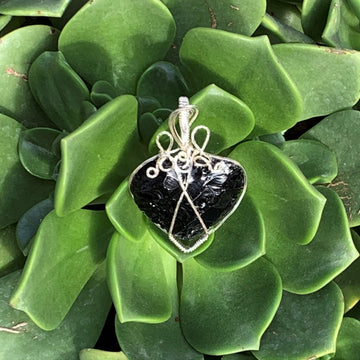 Black Obsidian Heart, rough cut stone, with silver wire wrap; 1.5" w x 2 3/8" long incl bail