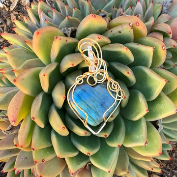 Labradorite Heart Stone with two toned-gold & silver wrap; 1.50" w x 2 5/8" long, incl bail