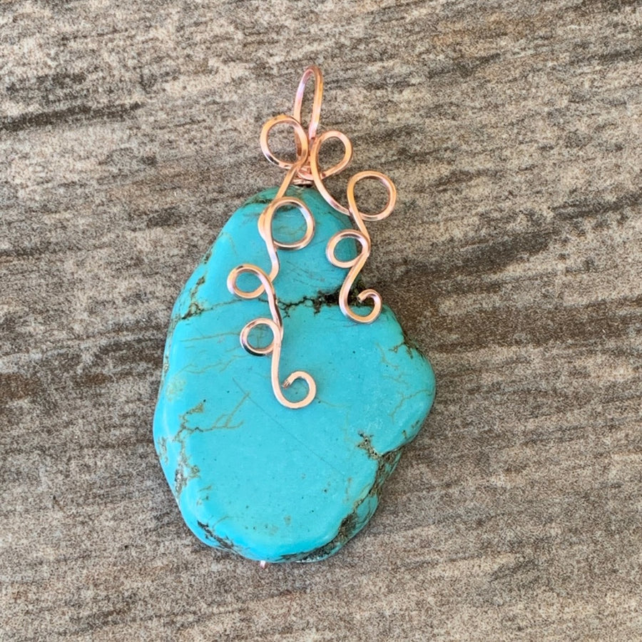 Turquoise Slab Nugget Pendant with Rose Gold Wrap; 1.25' w x 2.25 " long, Incl bail