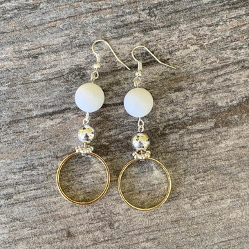 Earrings made of White Jade Rounds with gold & silver accents