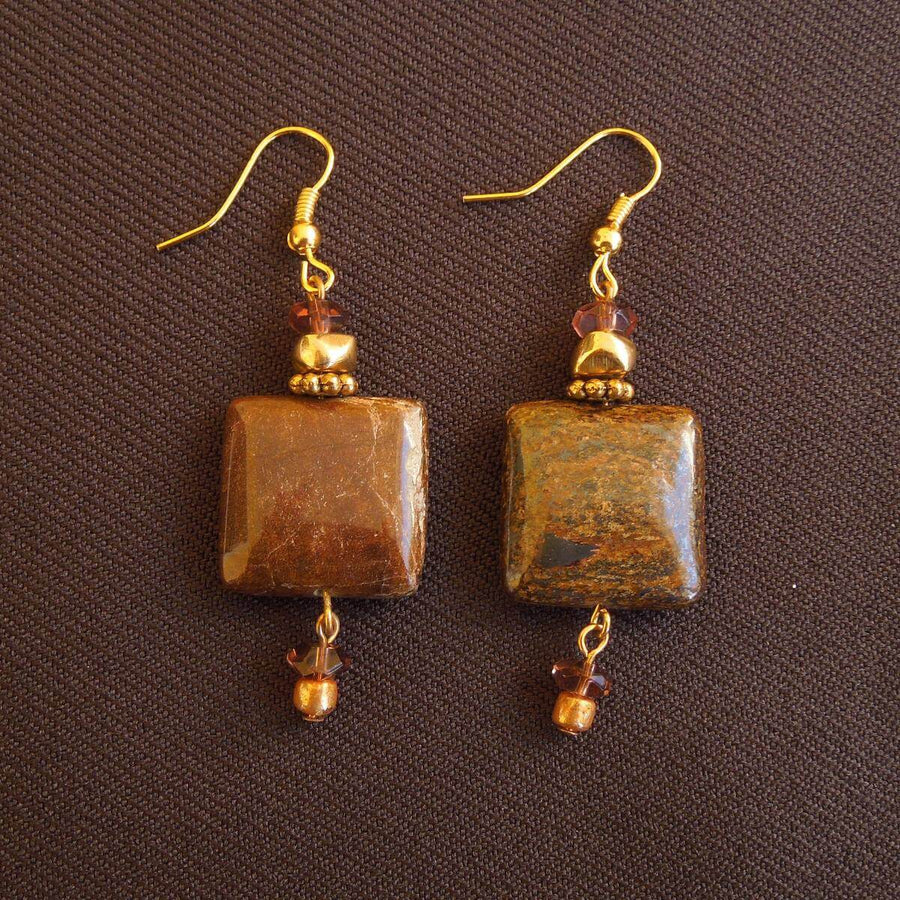 Earrings made of Bronzite square beads with tortoise crystal rondels